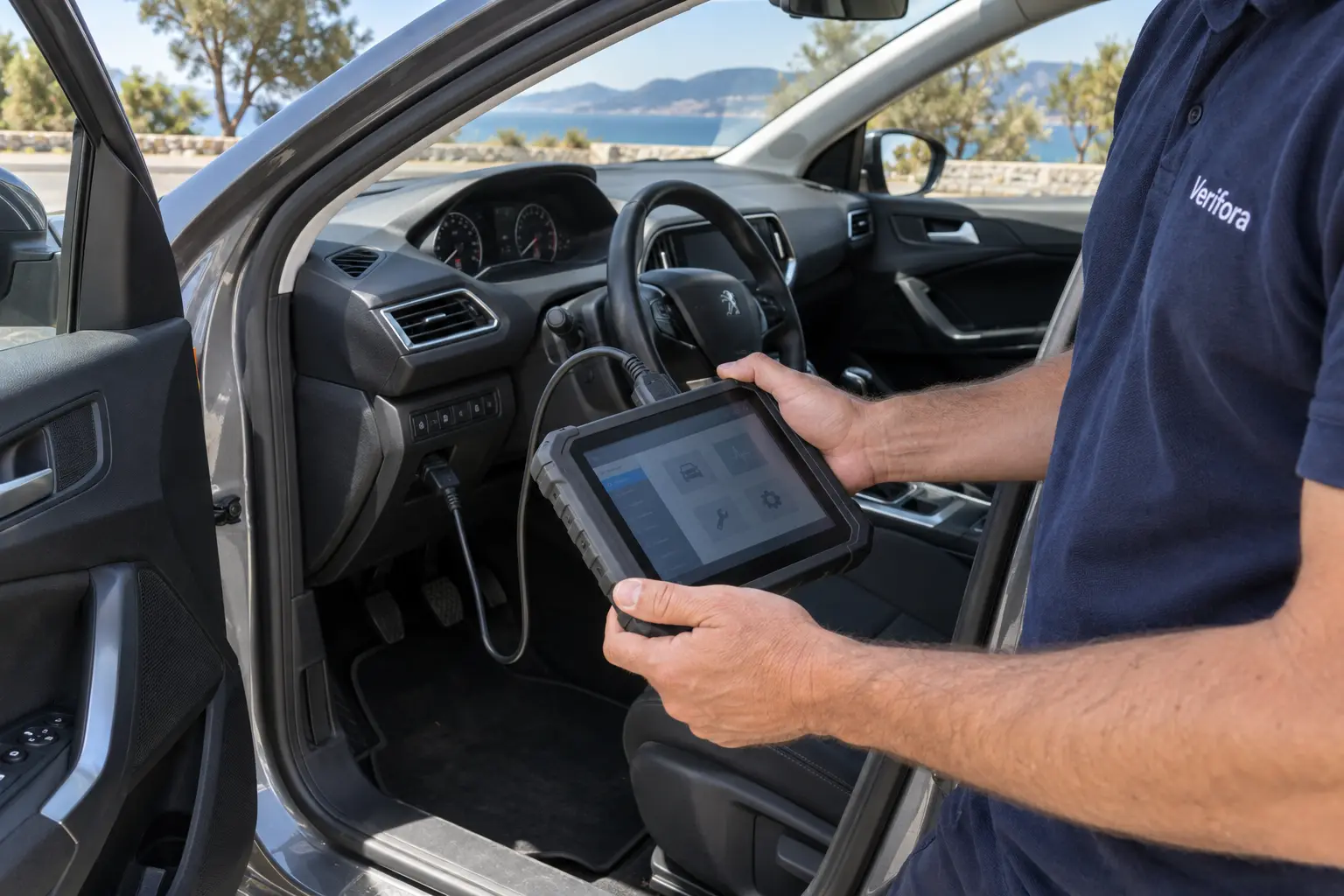 Diagnostic électronique avant achat : un technicien Verifora utilise une valise dans une voiture — illustration