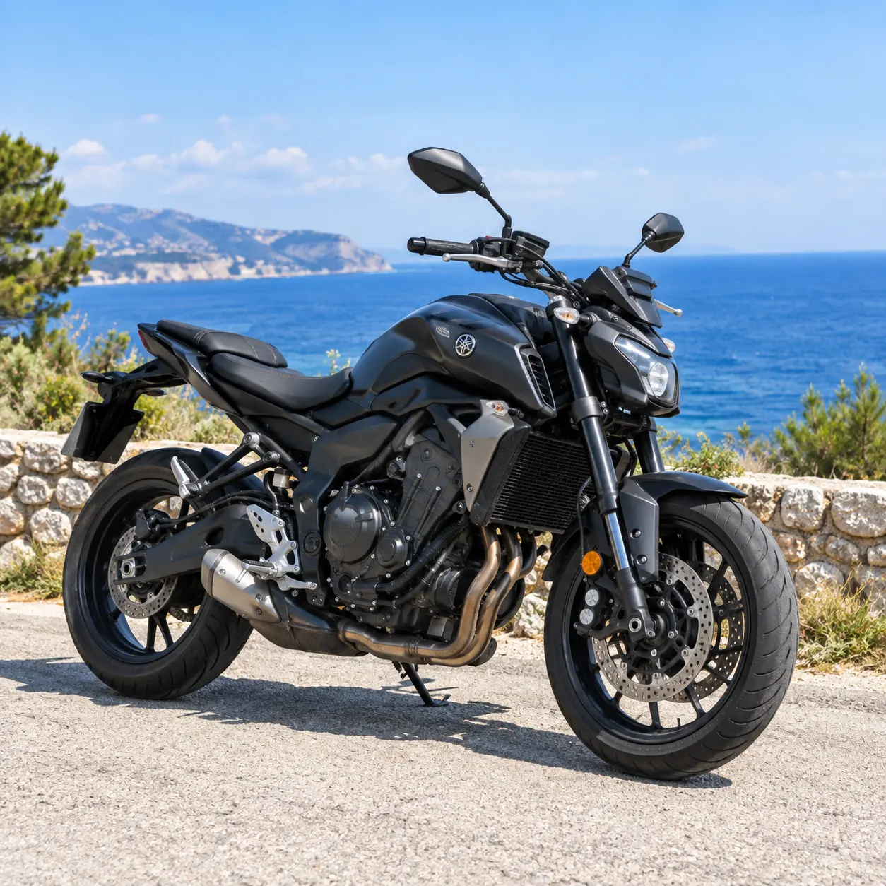 Moto roadster au bord de la Méditerranée — illustration